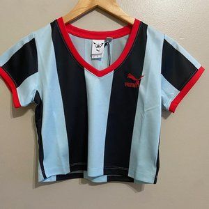 Puma x Dua Lipa Striped Cropped Jersey Shirt Blue Tops Womens 536637-89 NEW